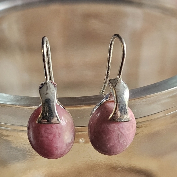 Rhodium Plated Rhodochrosite Dangle Earrings - Picture 2 of 5